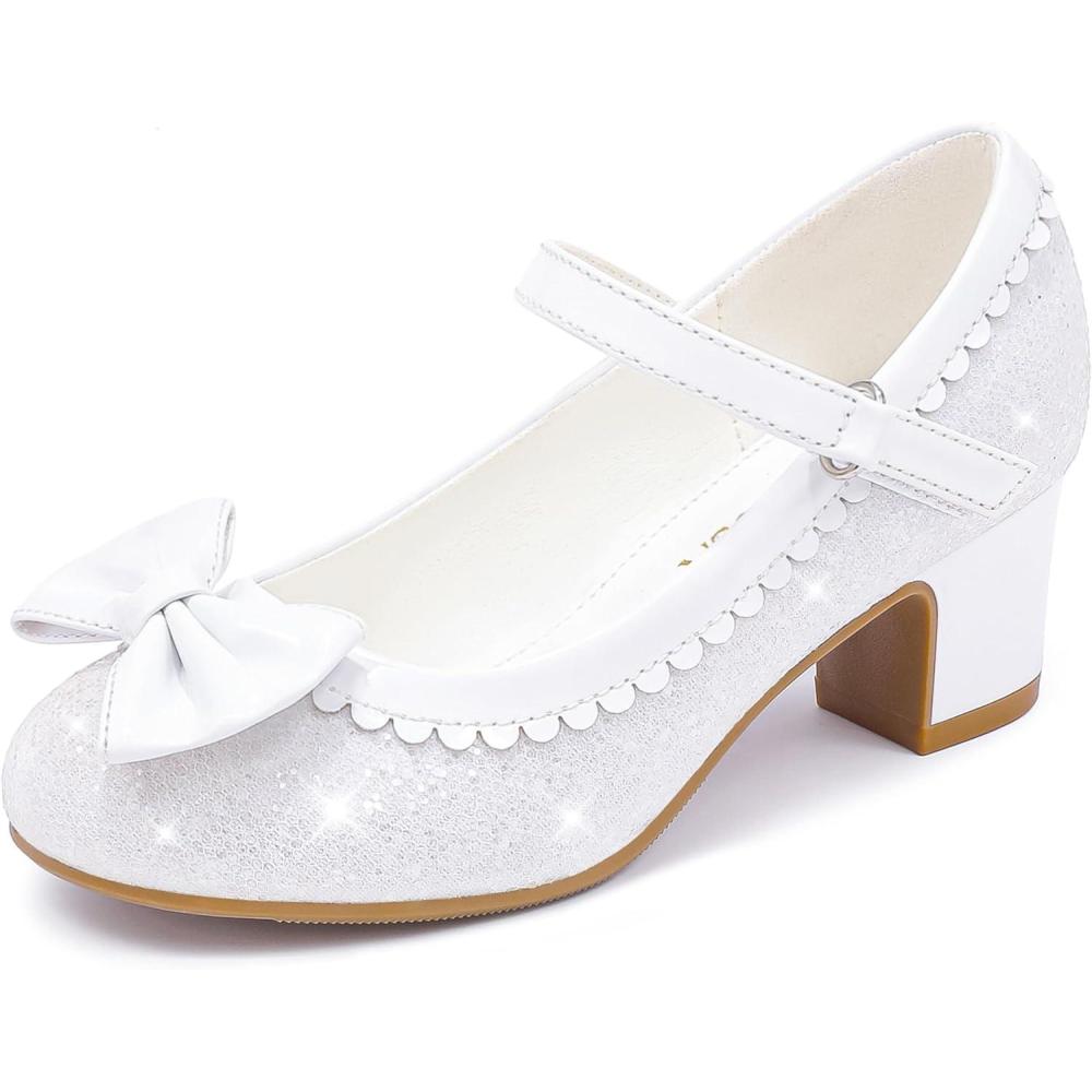 imagePrincess Shoes High Heel Toddler Girls Dress Shoes Cute Bowknot Sparkle Mary Jane Flower Girls Wedding Birthday Party Prom for Little Big KidsWhite Glitter