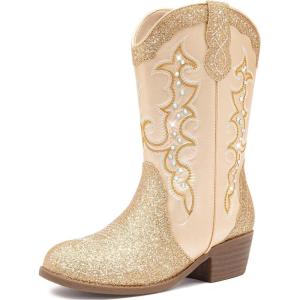 Girls Cowboy Boots Cowgirl Western Boot for Kids Rhinestone Sparkly Toddler Dress Boots Ponited Toe Mid Calf Birthday Party for Little Big Kid(Gold)