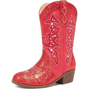 Girls Cowboy Boots Cowgirl Western Boot for Kids Rhinestone Sparkly Toddler Dress Boots Ponited Toe Mid Calf Birthday Party for Little Big Kid(Red)