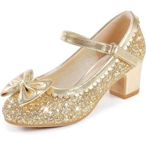 Princess Shoes High Heel Toddler Girls Dress Shoes Cute Bowknot Sparkle Mary Jane Flower Girls Wedding Birthday Party Prom for Little Big Kids(Gold Sequins)