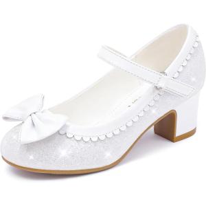 Princess Shoes High Heel Toddler Girls Dress Shoes Cute Bowknot Sparkle Mary Jane Flower Girls Wedding Birthday Party Prom for Little Big Kids(White Glitter)