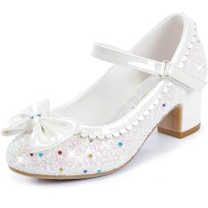 Princess Shoes High Heel Toddler Girls Dress Shoes Cute Bowknot Sparkle Mary Jane Flower Girls Wedding Birthday Party Prom for Little Big Kids(White Sequins)