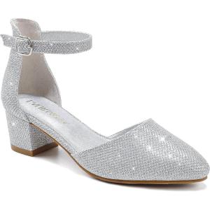 Flower Girl Shoes Closed Toe Heels for Girls Dress Shoes Ankle Strap High Heels for Kids Pointed Toe Block Chunky Pump for Little Big Kids Wedding Party(Classic Glitter Silver)