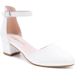 Flower Girl Shoes Closed Toe Heels for Girls Dress Shoes Ankle Strap High Heels for Kids Pointed Toe Block Chunky Pump for Little Big Kids Wedding Party(Classic Pu White)