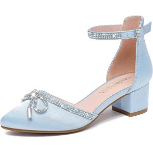 Girls Sandals Closed Toe High Heels Pointed Toe Ankle Strap Pumps Flower Girl Dressy Shoes in Wedding Party Cute Bowknot Chunky Block Heeled for Little Big Kids(Rhinestone Satin Blue)