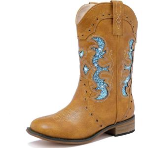 Kids Cowgirl Boots for Girls Western Square Toe Girls Sparkle Boots Zipper Mid Calf Low Heel Horse Riding for Toddler Little Big Kids(Tan Blue)