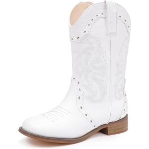Kids Cowgirl Boots for Girls Western Square Toe Girls Sparkle Boots Zipper Mid Calf Low Heel Horse Riding for Toddler Little Big Kids(White)