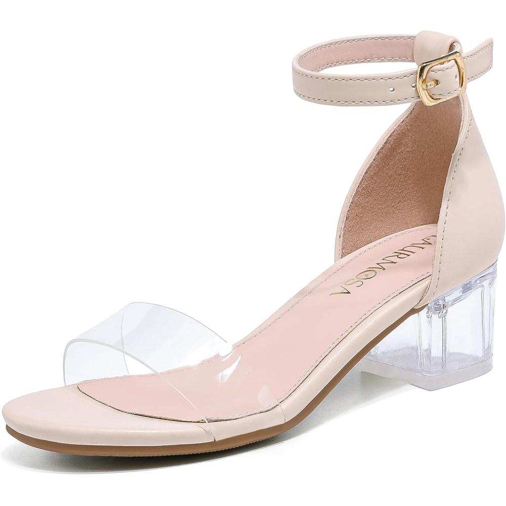 imageGirls High Heels Sandal for Girls Open Toe Ankle Buckle Strap Dress Shoes for Little Big Kids in Wedding Party Block Chunky Pump SandalsHonorable Clear Nude
