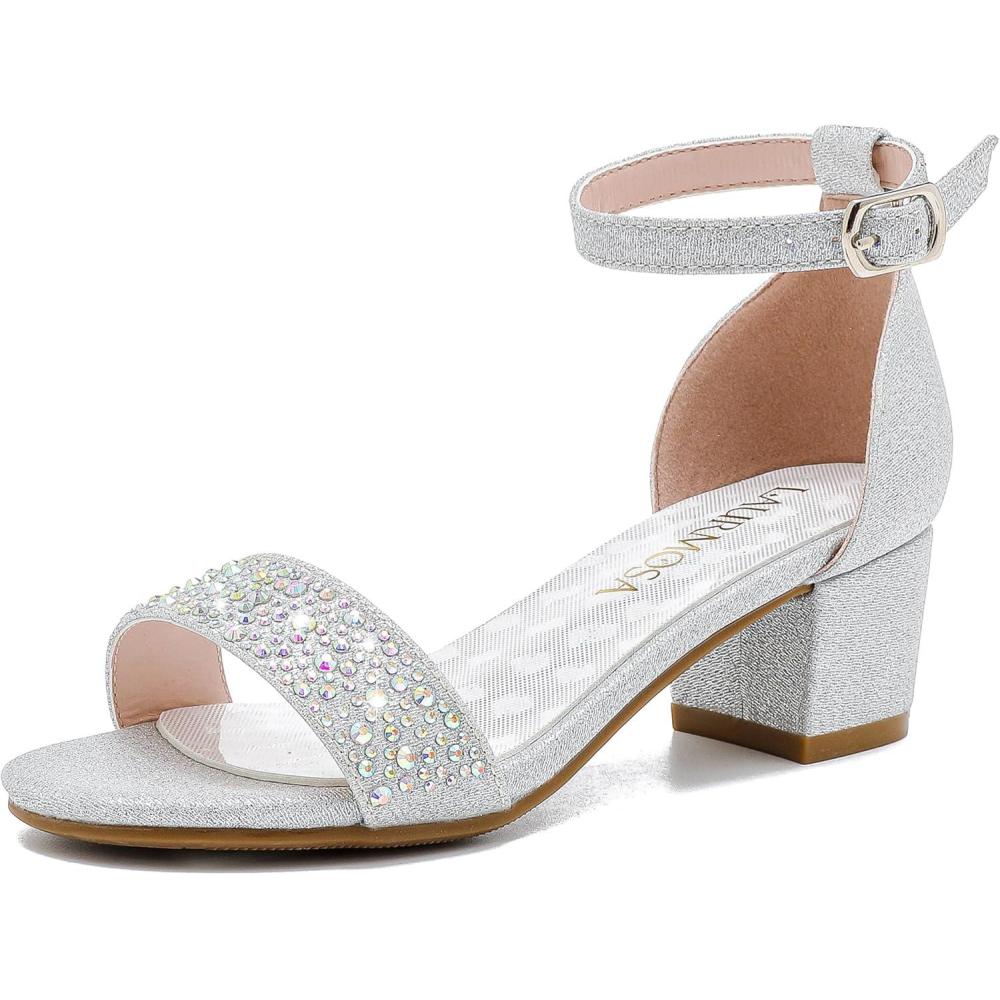 imageGirls High Heels Sandal for Girls Open Toe Ankle Buckle Strap Dress Shoes for Little Big Kids in Wedding Party Block Chunky Pump SandalsHonorable Rhinestone Silver