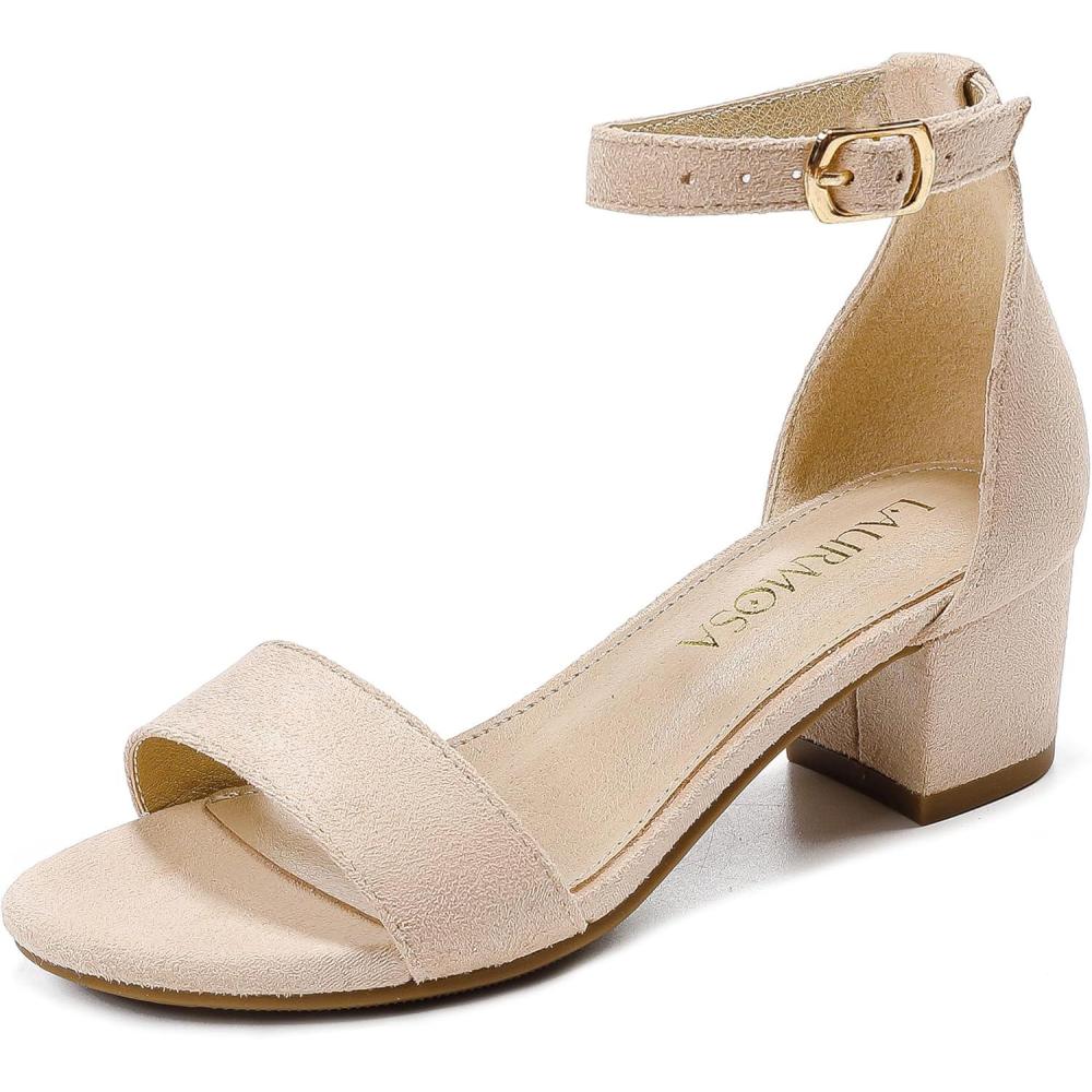 imageGirls High Heels Sandal for Girls Open Toe Ankle Buckle Strap Dress Shoes for Little Big Kids in Wedding Party Block Chunky Pump SandalsHonorable Suede Nude