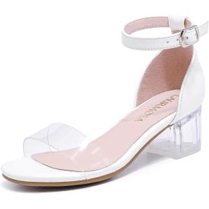 Girls High Heels Sandal for Girls Open Toe Ankle Buckle Strap Dress Shoes for Little Big Kids in Wedding Party Block Chunky Pump Sandals(Honorable Clear White)