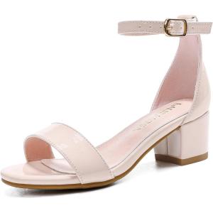 Girls High Heels Sandal for Girls Open Toe Ankle Buckle Strap Dress Shoes for Little Big Kids in Wedding Party Block Chunky Pump Sandals(Honorable Patent Nude)