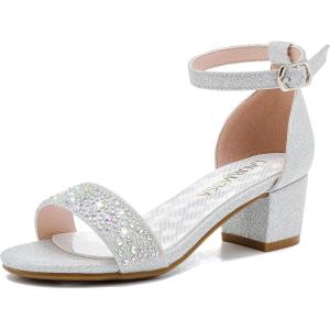Girls High Heels Sandal for Girls Open Toe Ankle Buckle Strap Dress Shoes for Little Big Kids in Wedding Party Block Chunky Pump Sandals(Honorable Rhinestone Silver)