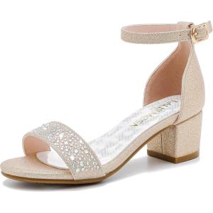 Girls High Heels Sandal for Girls Open Toe Ankle Buckle Strap Dress Shoes for Little Big Kids in Wedding Party Block Chunky Pump Sandals(Honorable Rhinestone Rosegold)