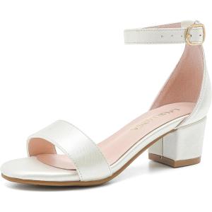 Girls High Heels Sandal for Girls Open Toe Ankle Buckle Strap Dress Shoes for Little Big Kids in Wedding Party Block Chunky Pump Sandals(Honorable Satin Ivory)