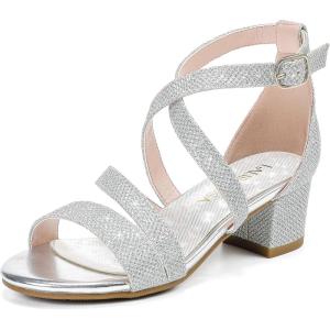 Girls Sandals Chunky High Heel Strappy Open Toe Ankle Strap Dress Shoes for Little Big Kids in Wedding Party(Inspired Glitter Silver)