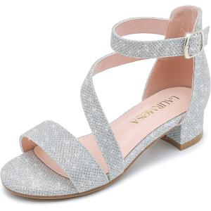 Girls Sandals Kids Heels Open Toe Ankle Strap Dress Shoes Flower Wedding Party for Toddler Little Big Kid(Blissful Glitter Silver)