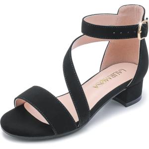 Girls Sandals Kids Heels Open Toe Ankle Strap Dress Shoes Flower Wedding Party for Toddler Little Big Kid(Blissful Nubuck Black)