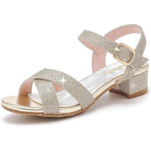 Girls Sandals Kids Heels Open Toe Ankle Strap Dress Shoes Flower Wedding Party for Toddler Little Big Kid(Cross Glitter Gold)