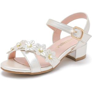 Girls Sandals Kids Heels Open Toe Ankle Strap Dress Shoes Flower Wedding Party for Toddler Little Big Kid(Flowers Pu Cham)