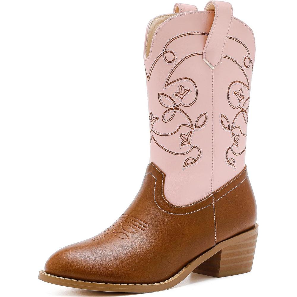 imageGirls Cowboy Boots Pull On Cowgirl Boots Pointed Toe Mid Calf Western Boots for Little Kid Big KidPinkBrown