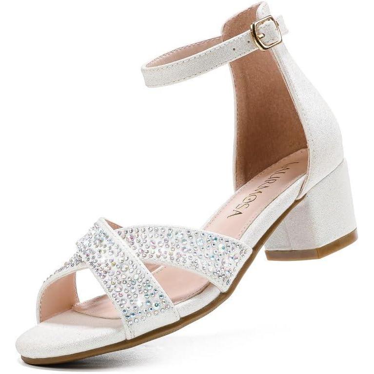 imageHigh Heels for Kids Sandals for Girls Dress Shoes Flower Girl Shoes Open Toe Ankle Strap Block Chunky Heels for Toddler Little Big Kids Low Wedge Sandals for Wedding Party Dress UpWhite Rhinestone