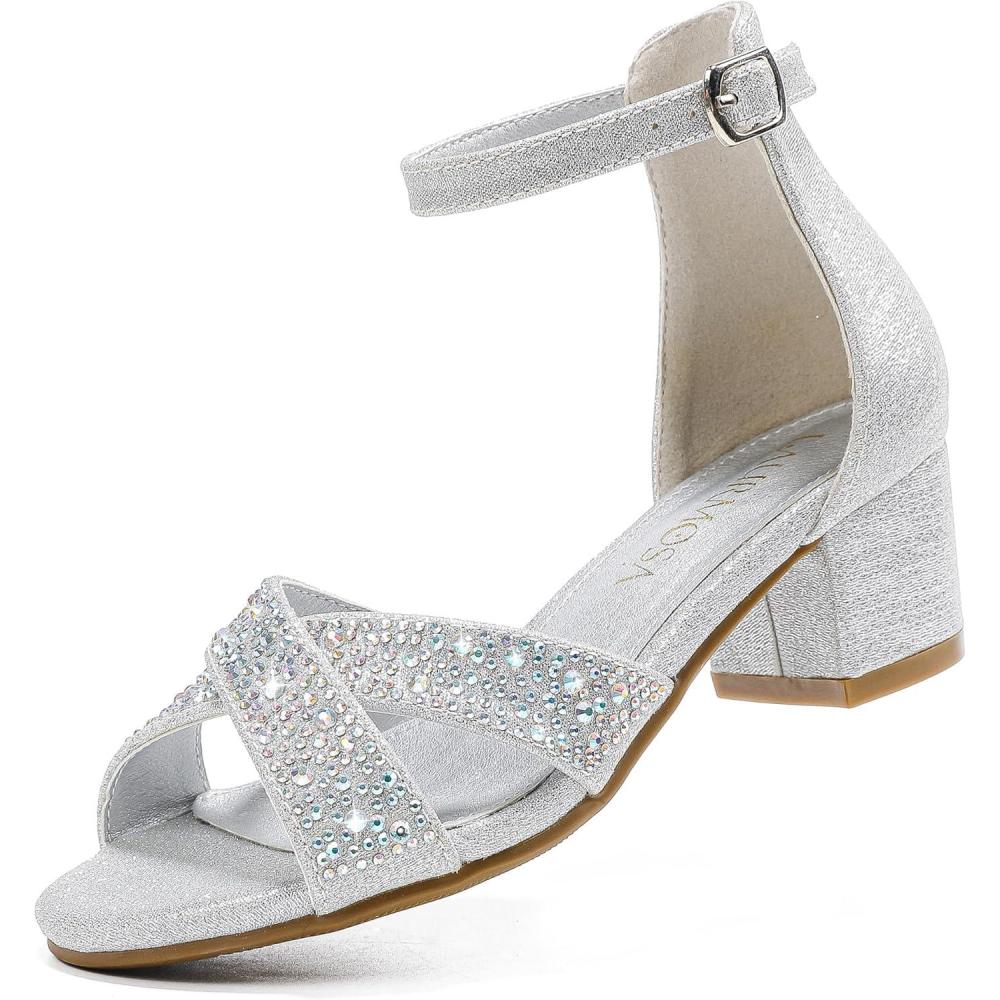 imageHigh Heels for Kids Sandals for Girls Dress Shoes Flower Girl Shoes Open Toe Ankle Strap Block Chunky Heels for Toddler Little Big Kids Low Wedge Sandals for Wedding Party Dress UpSilver Rhinestone