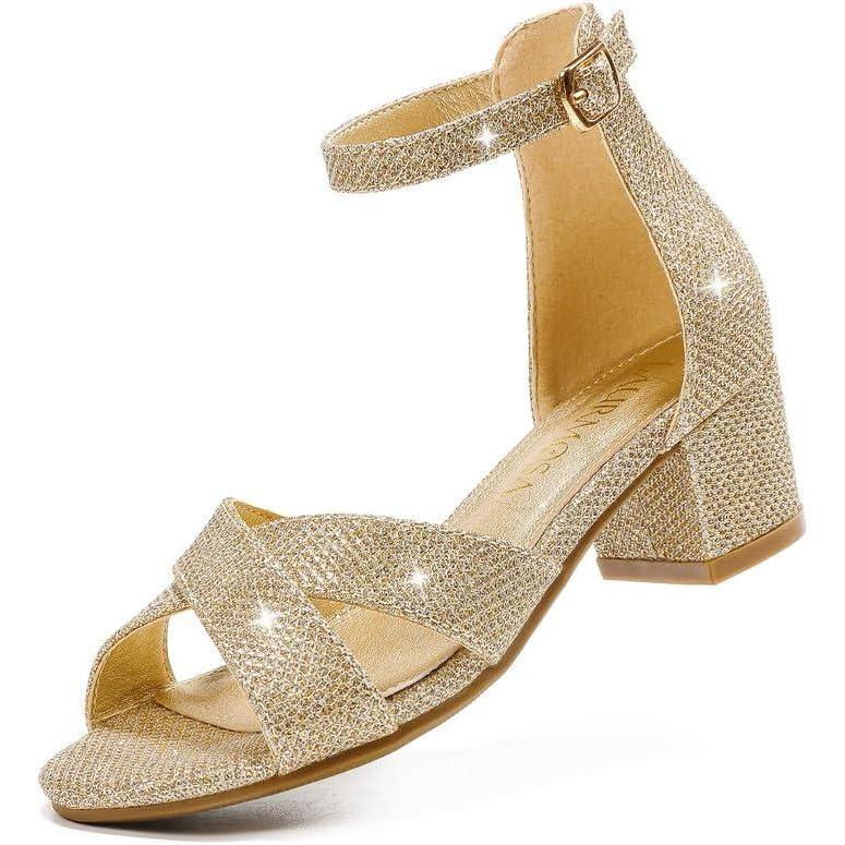 imageHigh Heels for Kids Sandals for Girls Dress Shoes Flower Girl Shoes Open Toe Ankle Strap Block Chunky Heels for Toddler Little Big Kids Low Wedge Sandals for Wedding Party Dress UpGold Glitter