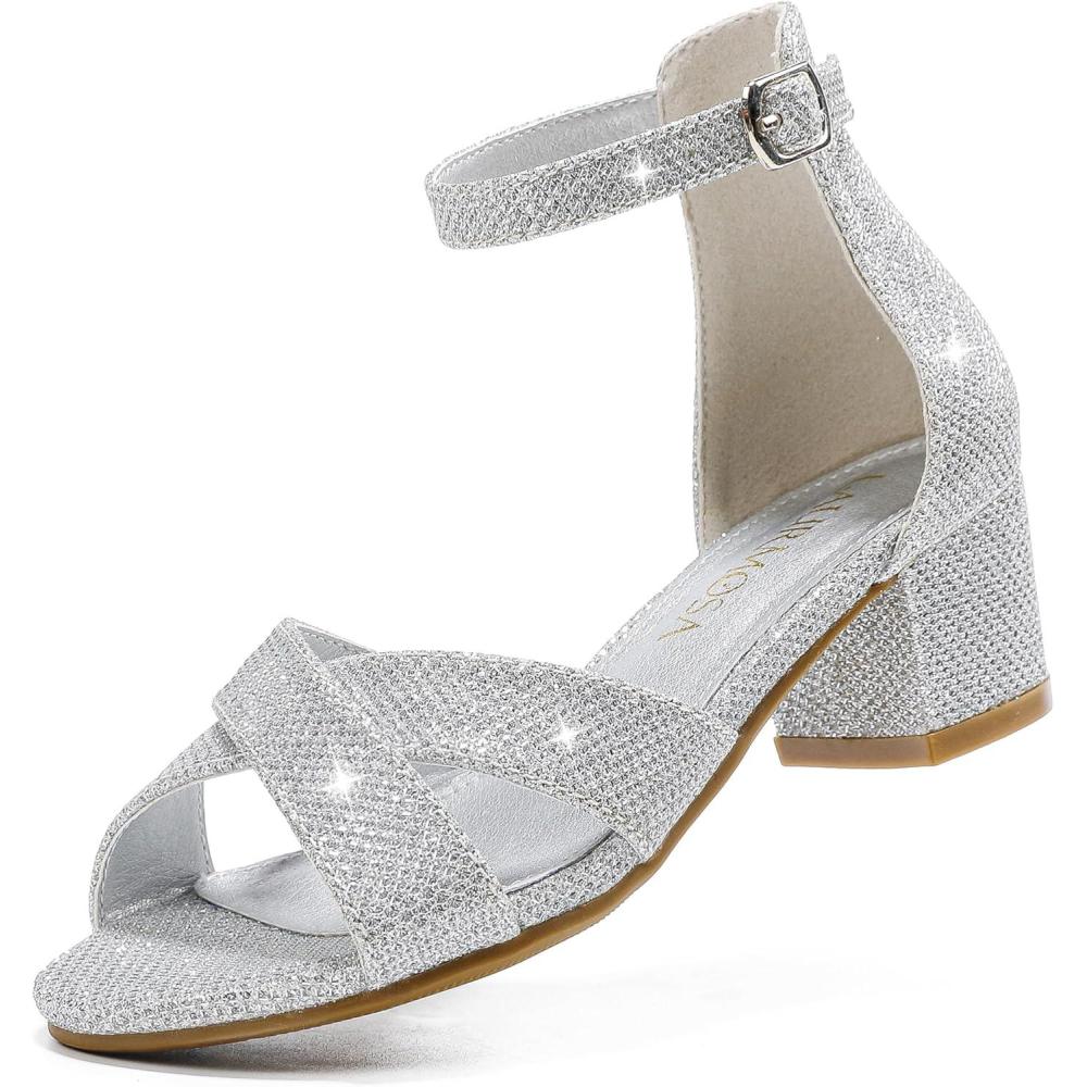 imageHigh Heels for Kids Sandals for Girls Dress Shoes Flower Girl Shoes Open Toe Ankle Strap Block Chunky Heels for Toddler Little Big Kids Low Wedge Sandals for Wedding Party Dress UpSilver Glitter