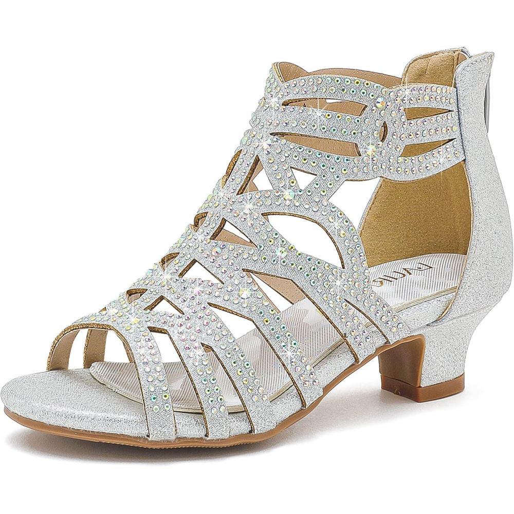 imageLittle Girls Sandals High Heels Formal Shoes Open Toe Pump Sandals Glitter Party Wedding Shoes for Big Kids ToddlerG Glitter Silver