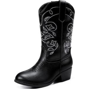 Cowgirl Boots for Girls Mid Calf Youth Girl Cowboy Western Boots Pointed Toe Embroidered for Horse Riding Country Party Toddler Little Big Kids(Black)