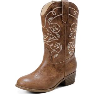 Cowgirl Boots for Girls Mid Calf Youth Girl Cowboy Western Boots Pointed Toe Embroidered for Horse Riding Country Party Toddler Little Big Kids(Brown)