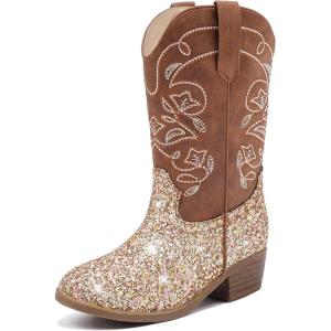 Cowgirl Boots for Girls Mid Calf Youth Girl Cowboy Western Boots Pointed Toe Embroidered for Horse Riding Country Party Toddler Little Big Kids(Brown Sequins)