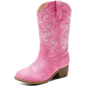 Cowgirl Boots for Girls Mid Calf Youth Girl Cowboy Western Boots Pointed Toe Embroidered for Horse Riding Country Party Toddler Little Big Kids(Pink)