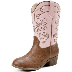 Cowgirl Boots for Girls Mid Calf Youth Girl Cowboy Western Boots Pointed Toe Embroidered for Horse Riding Country Party Toddler Little Big Kids(Pink Brown)