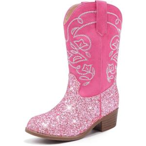 Cowgirl Boots for Girls Mid Calf Youth Girl Cowboy Western Boots Pointed Toe Embroidered for Horse Riding Country Party Toddler Little Big Kids(Pink Sequins)
