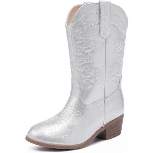 Cowgirl Boots for Girls Mid Calf Youth Girl Cowboy Western Boots Pointed Toe Embroidered for Horse Riding Country Party Toddler Little Big Kids(Silver)