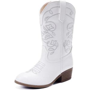 Cowgirl Boots for Girls Mid Calf Youth Girl Cowboy Western Boots Pointed Toe Embroidered for Horse Riding Country Party Toddler Little Big Kids(White)