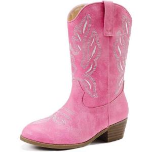 Cowgirl Boots for Little Girls Mid Calf Pointed Toe Kid Cowboy Boots Side Zipper Classic Embroidered Western Boots Horse Riding Shoes Party for Toddler Little Big Kids(Pink)