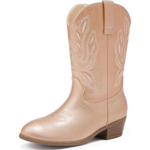 Cowgirl Boots for Little Girls Mid Calf Pointed Toe Kid Cowboy Boots Side Zipper Classic Embroidered Western Boots Horse Riding Shoes Party for Toddler Little Big Kids(Cham)