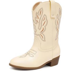 Cowgirl Boots for Little Girls Mid Calf Pointed Toe Kid Cowboy Boots Side Zipper Classic Embroidered Western Boots Horse Riding Shoes Party for Toddler Little Big Kids(Beige)