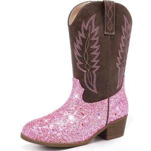 Cowgirl Boots for Little Girls Mid Calf Pointed Toe Kid Cowboy Boots Side Zipper Classic Embroidered Western Boots Horse Riding Shoes Party for Toddler Little Big Kids(Pink Sequins)