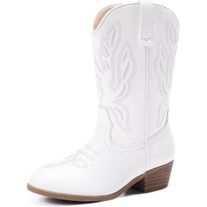 Cowgirl Boots for Little Girls Mid Calf Pointed Toe Kid Cowboy Boots Side Zipper Classic Embroidered Western Boots Horse Riding Shoes Party for Toddler Little Big Kids(White)
