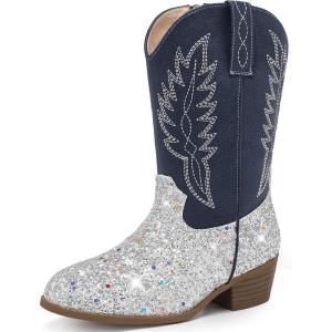 Cowgirl Boots for Little Girls Mid Calf Pointed Toe Kid Cowboy Boots Side Zipper Classic Embroidered Western Boots Horse Riding Shoes Party for Toddler Little Big Kids(Silver Sequins)