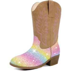 Cowgirl Boots for Little Girls Mid Calf Pointed Toe Kid Cowboy Boots Side Zipper Classic Embroidered Western Boots Horse Riding Shoes Party for Toddler Little Big Kids(Rainbow Sequins)