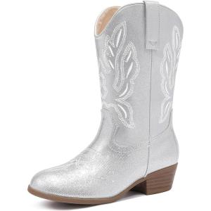 Cowgirl Boots for Little Girls Mid Calf Pointed Toe Kid Cowboy Boots Side Zipper Classic Embroidered Western Boots Horse Riding Shoes Party for Toddler Little Big Kids(Silver)