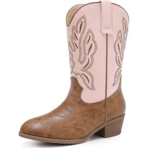 Cowgirl Boots for Little Girls Mid Calf Pointed Toe Kid Cowboy Boots Side Zipper Classic Embroidered Western Boots Horse Riding Shoes Party for Toddler Little Big Kids(Pink Brown)