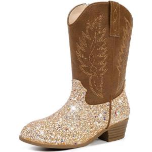 Cowgirl Boots for Little Girls Mid Calf Pointed Toe Kid Cowboy Boots Side Zipper Classic Embroidered Western Boots Horse Riding Shoes Party for Toddler Little Big Kids(Gold Sequins)