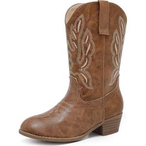 Cowgirl Boots for Little Girls Mid Calf Pointed Toe Kid Cowboy Boots Side Zipper Classic Embroidered Western Boots Horse Riding Shoes Party for Toddler Little Big Kids(Light Brown)
