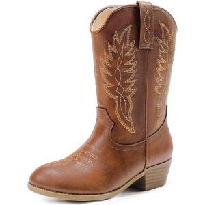 Cowgirl Boots for Little Girls Mid Calf Pointed Toe Kid Cowboy Boots Side Zipper Classic Embroidered Western Boots Horse Riding Shoes Party for Toddler Little Big Kids(Brown Pu)